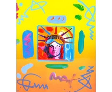 Peter Max (American b.1937) Liberty Head II Collage, 1997Mixed media with acrylic painting on a lithograph printed background