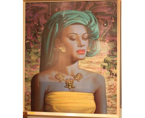 After Vladimir Tretchikoff, Balinese girl wearing green turban and yellow dress, colour print in contemporary frame, 60cm x 5