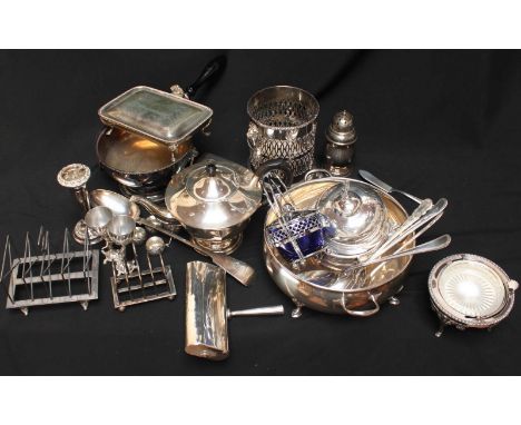 A box of assorted silver plated items, including teapot, bowls, plates and other items.