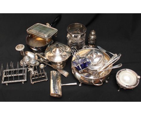 A box of assorted silver plated items, including teapot, bowls, plates and other items.