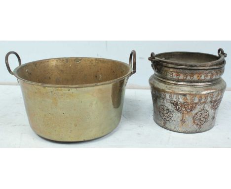 A Victorian brass jam pan, and an eastern metal planter. (2)