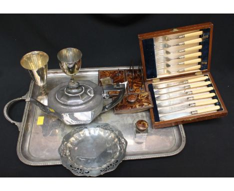 A selection of various silver plated items including a large tray and a cased fish knife and fork set, together with a three 