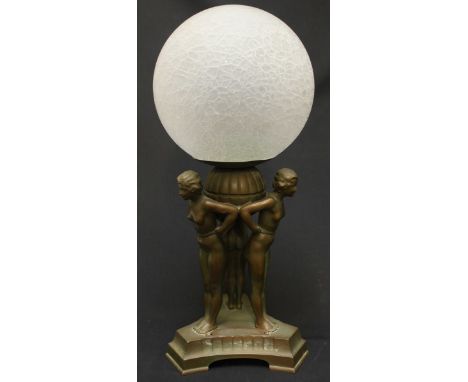 An Art Deco patinated spelter figural table lamp, decorated with three nude female figures holding aloft a globe, supported o