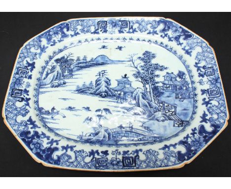 A 19th Century Chinese ceramic meat plate, decorated with a hand painted blue and white landscape scene depicting a lake with