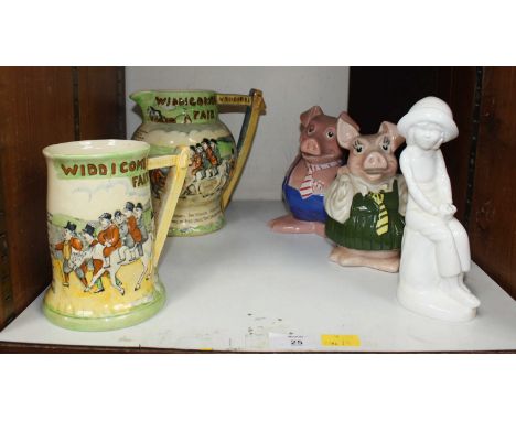 SECTION 25. Two Crown Devon Fieldings Widdecombe Fair musical jugs, together with a Spode 'Joanna' figure and two Wade Nat We