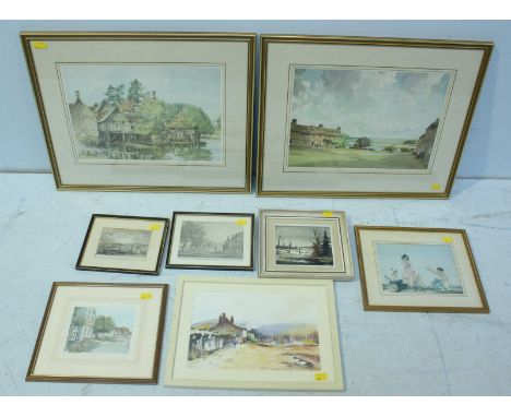 A pair of signed Stanley Orchart signed prints of Bucklers Hard and Beaulieu Mill, together with six other prints including a