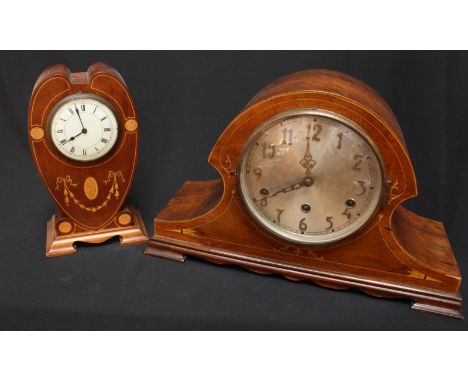 A small Edwardian mahogany inlaid balloon clock, together with a larger 1930s mantel clock. (2)