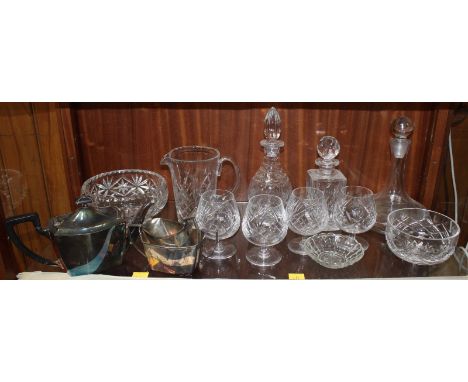 SECTION 45.  A shelf of assorted glass items including drinking glasses, decanters and bowls together with a silver plated th