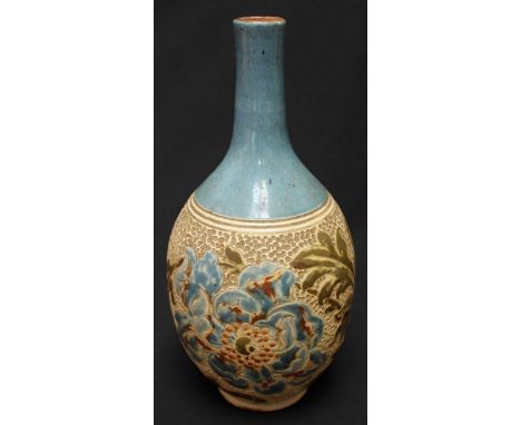 An Alexander Lauder Barum studio pottery vase of ovoid form with slim, cylindrical neck and decorated with a floral design. S