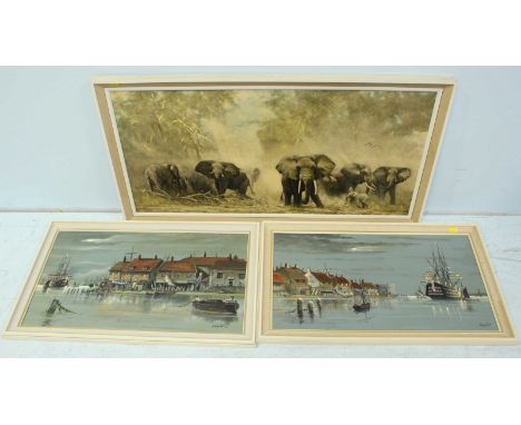 H. Clout.  Sailing ships around Portsmouth Harbour, signed, oil on board, a pair, 40 x 70cm. together with a David Shepherd p