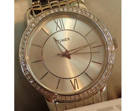 Boxed new old stock ladies stainless steel Timex wristwatch with diamante bezel and matching strap RRP £89.00  CONDITION REPO