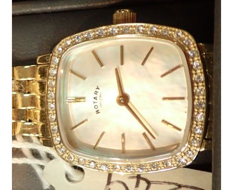 Boxed new old stock ladies gold tone Rotary wristwatch diamante bezel on matching strap with none matching box RRP £249.00 CO