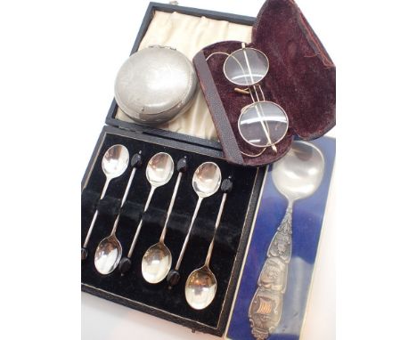 Selection of mixed items including gold rimmed spectacles snuff box Norwegian spoon and coffee bean spoons