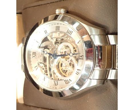Boxed new old stock gents Rotary stainless steel wristwatch with skeleton automatic movement and matching strap  CONDITION RE