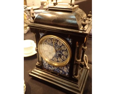 Ebonised wooden cased French chiming bracket clock with ceramic dial and decoration A/F