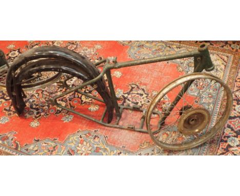 Parts from 1950s 98 cc Excelsior motorbike frame two wheels fuel tank and engine parts 