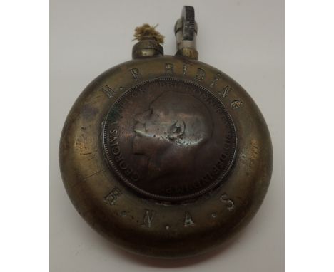 WWI souvenir brass lighter with penny and French coin 