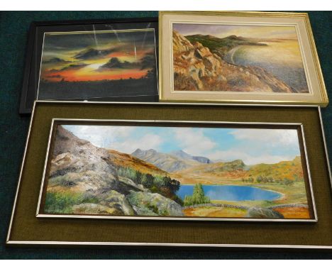 S R Knowles. The Langdale Pikes Cumbria, oil on board, 28cm x 74cm, another S R Knowles untitled and a sunset (3)