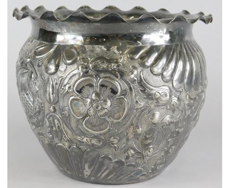 A late 19thC silver plated jardiniere, embossed with thistles, roses, harp, shamrock etc., emblematic of the British Isles, 1