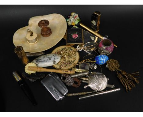 Miscellaneous collectables, to include spectacles with gold rims, bone tape measure, Art Deco style plated lighter, bone tape