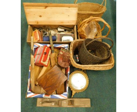 Various bygones etc., to include a pine box, baskets, cricket bat, a gilt cased barometer, accordion etc.