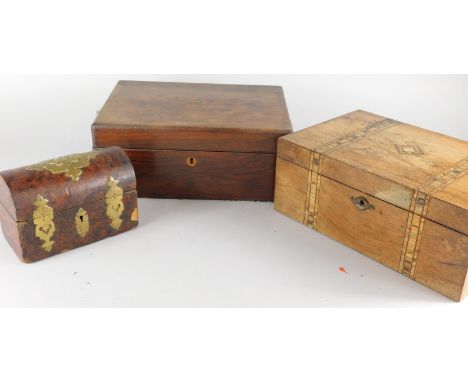 Three boxes, to include a burr yew domed trunk, a workbox and a banded Victorian walnut workbox (3)