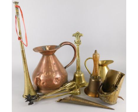 A collection of metalware, to include a Trench Art coal scuttle shaped sugar bowl applied with the Royal Artillery cap badge 