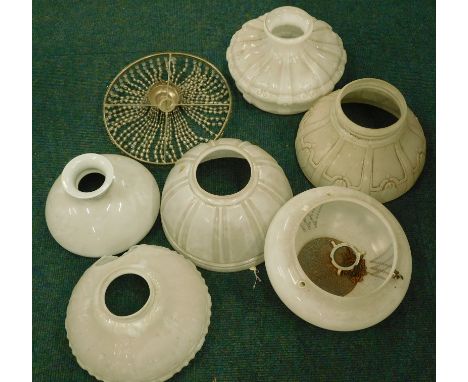 Various old white opaque glass ceiling light shades etc.