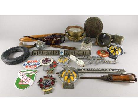 Various collectables, to include a Lucas Caloia bicycle lamp, Austin Morris car badges, a brass compass on bezel, possibly ma