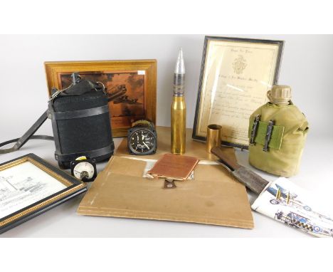 Military items, to include two water bottles, ephemera, trench art, nautical speedometer, prints etc.