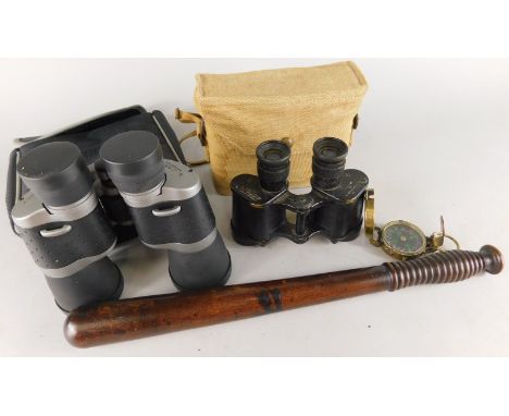 Various items of militaria, etc., to include binoculars, a brass compass in leather case, turned mahogany truncheon etc. (a q