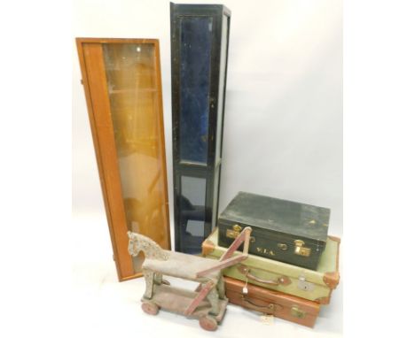 Miscellaneous items, to include a table top ebonised display cabinet, pair of crutches, a child's toy horse (AF), luggage etc