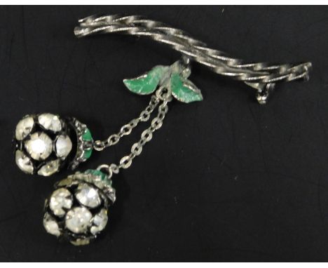 A silver and enamel bar brooch, of two row leaf design, with fall drops, 5cm long