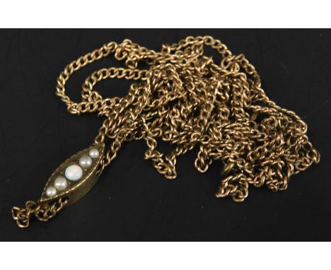 A gold plated watch chain, with opal set marquise pulley, 58cm long