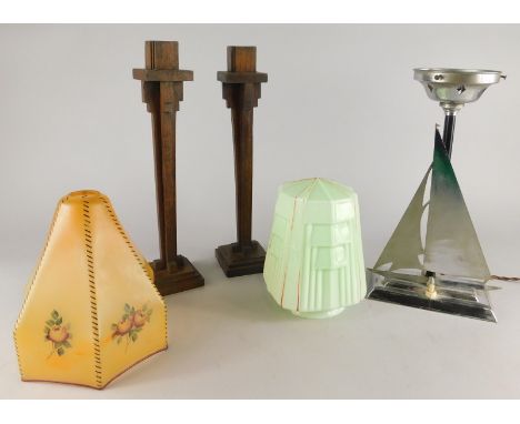 A collection of Art Deco style pieces, to include a chrome plated table lamp with green shade, the base applied with a yacht 