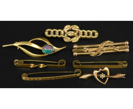 A quantity of bar brooches, to include two 9ct gold floral bar brooches and four gold plated bar brooches, one set with a opa