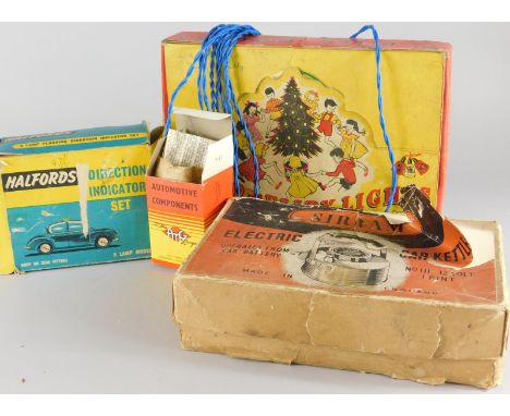 Boxed collectables, to include Pifco Christmas lights, a Halfords indicator set for a vintage car and a Sirram electric car k