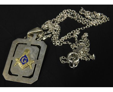A Masonic pendant and chain, with pendant of rectangular form, with blue enamel and Masonic symbol to centre and letter 'G', 