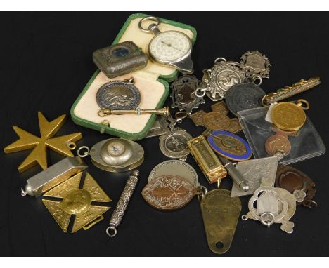 Miscellaneous items, to include a white metal whistle, a miniature Hohner novelty accordion, propelling pencils, silver fobs,