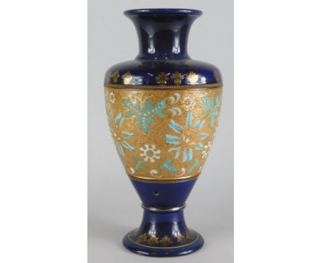 A Royal Doulton Slaters patent vase, decorated with flowers in gilt within cobalt blue borders, drilled for a table lamp, 33c