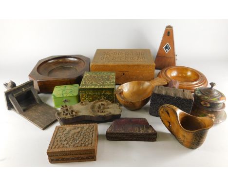 Various decorative boxes, to include a bird shaped vessel, a similar walnut jug, novelty cat shaped bracket, poker work piece