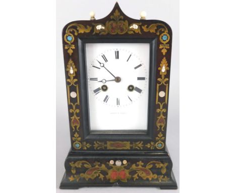 Leroy à Paris.  A late 19thC French ebonised and Boulle work mantel clock, the white enamel dial with Roman numerals, on brac