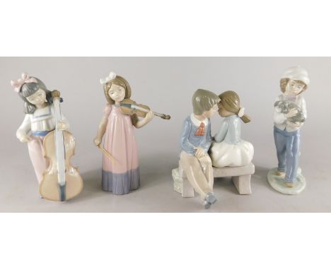 A collection of four Nao Spanish figures, to include children on a bench, violin and cello players etc.