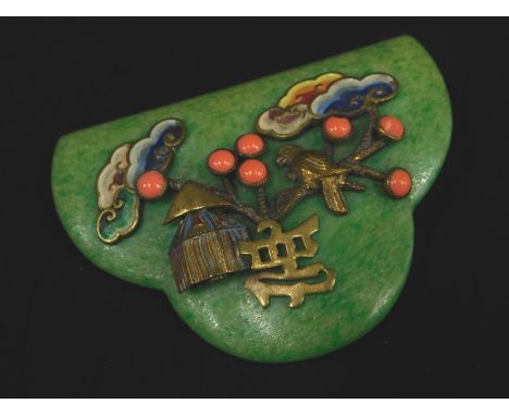 A Chinese plastic clip, with enamel design trees and birds, inset with coral, 5cm wide