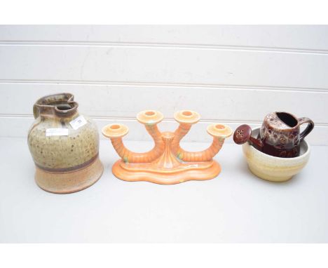 MIXED LOT COMPRISING A BESWICK CANDLESTICK, STUDIO POTTERY JUG, STUDIO POTTERY BOWL AND CORNISH POTTERY MODEL WATERING CAN