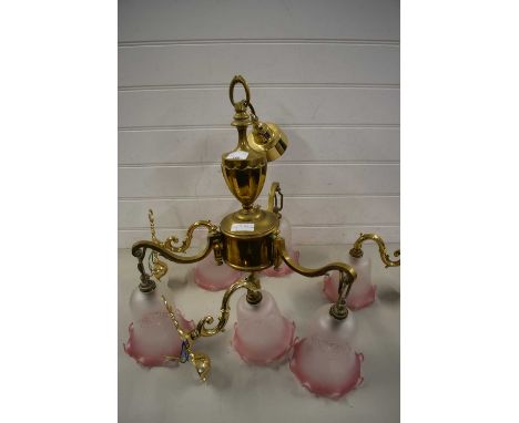 BRASS THREE LIGHT CEILING LIGHT TOGETHER WITH THREE WALL LIGHTS, WITH FROSTED GLASS SHADES