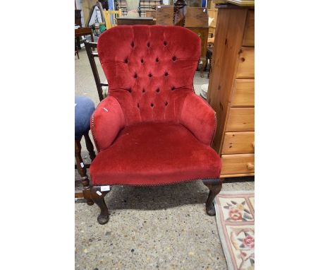 EARLY 20TH CENTURY RED UPHOLSTERED BUTTON BACK ARMCHAIR