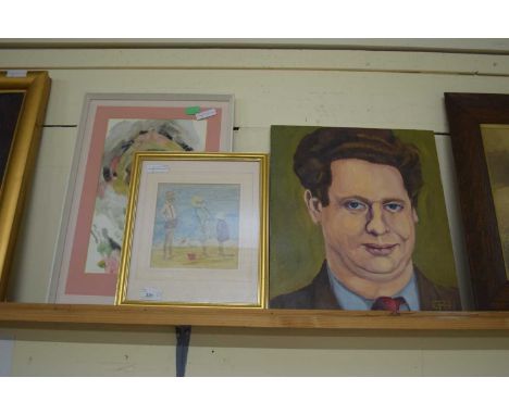 MIXED LOT COMPRISING HODGSON, PORTRAIT OF DYLAN THOMAS, OIL ON CANVAS, A FURTHER WATERCOLOUR STUDY OF A LADY INDISTINCTLY SIG