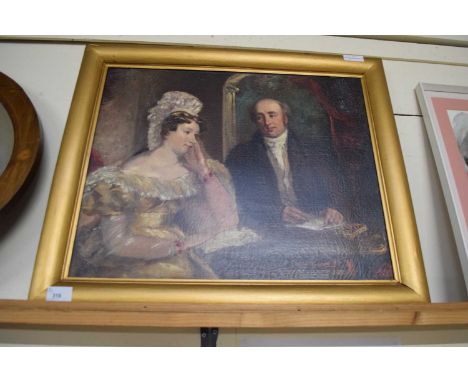 OLEOGRAPH PRINT - TWO FIGURES IN AN INTERIOR SCENE, GILT FRAMED, 64CM WIDE