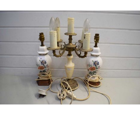 PAIR OF MODERN CERAMIC FLORAL DECORATED TABLE LAMPS TOGETHER WITH A BRASS MOUNTED FIVE LIGHT CANDELABRA